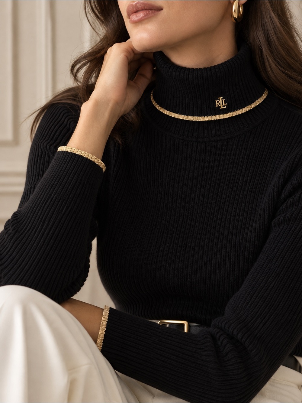 Lauren Ralph Lauren 1X Black Ribbed Turtleneck Sweater Gold Trim Cotton Blend
